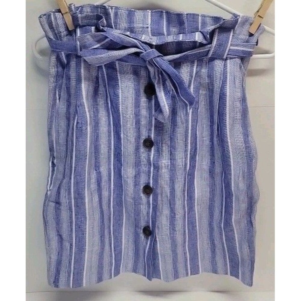 H&M Womens Size 4 Linen Blend Button Front Blue Skirt Pockets